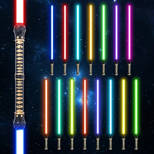 2 Pack Light Up Saber for Kids, 15 Colors Light Sword with FX Sound, Realistic Handle & Expandable LED Lightsabers Toy for Halloween Dress Up Party Favor, Xmas Gift, Galaxy War Fighters and Warriors