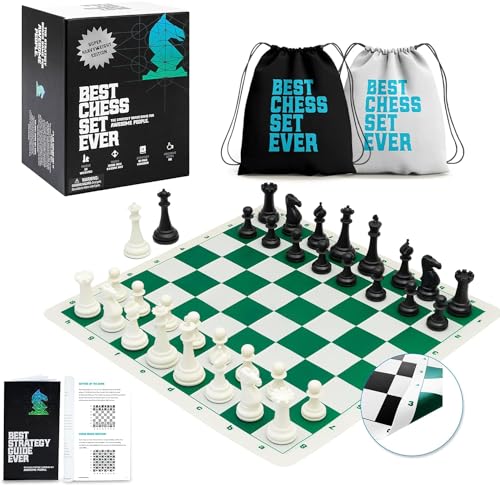 Best Chess Set Ever Tournament Chess Set, 3X Triple Weighted Staunton Pieces, with 20 in x 20 in Foldable Double-Sided Silicone Chess Board, Super Heavyweight Edition