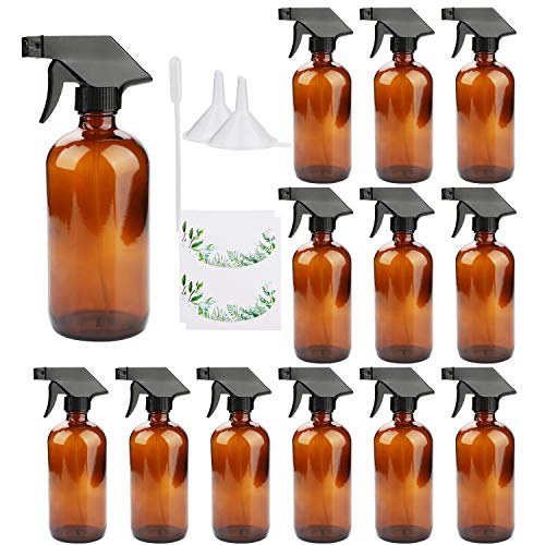 16oz Amber Glass Spray Bottles，Adjustable Sprayers & Chalk Labels, with caps for Essential Oils, Cleaning Products, or Aromatherapy (Spray Bottle Set) [12 pack]