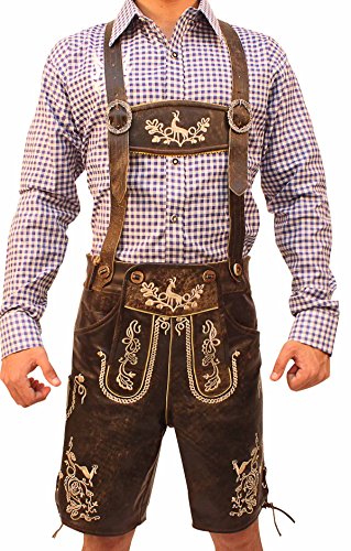 Lederhosen Store | Oktoberfest Trachten Short Lederhosen for Men | Traditional Authentic German Outfit | Wild Brown (58 EU - 41-42 UK/US)