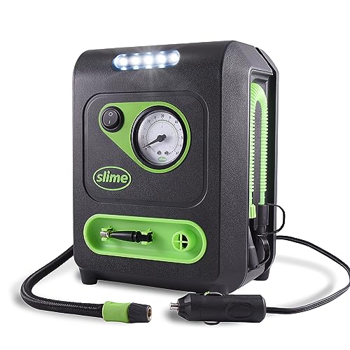 Slime 40034 Tire and Mattress Inflator, All-Purpose, High Pressure, High Volume, Analog 100 psi Dial Gauge, LED Light, 8 min Tire inflation, 3 Min Mattress inflation