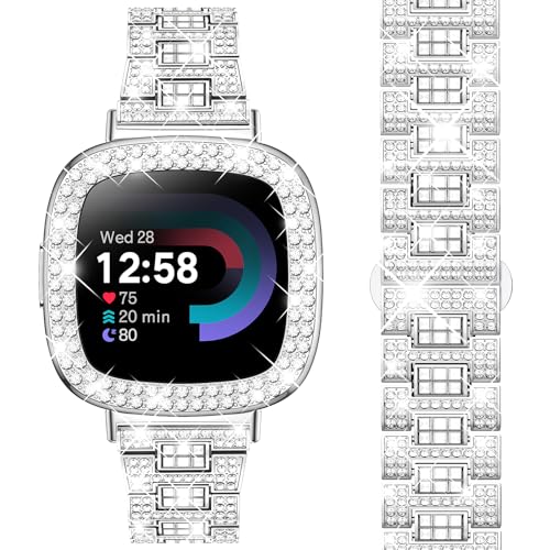 Dsytom Bling Stylish Watch Band Compatible with Fitbit Versa 3 Bands/Fitbit Sense Bands, Cute Watch Strap with Rhinestone Protective Case Cover for Women Girls(Silver)