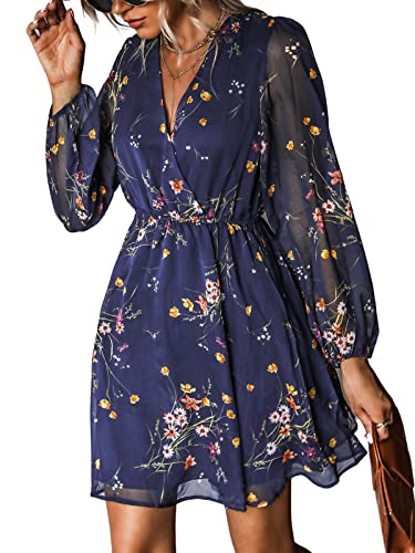 CUPSHE Women's Floral Print Chiffon A-Line Mini Dress Long Peasant Sleeves Elastic Autumn Dress,L Navy