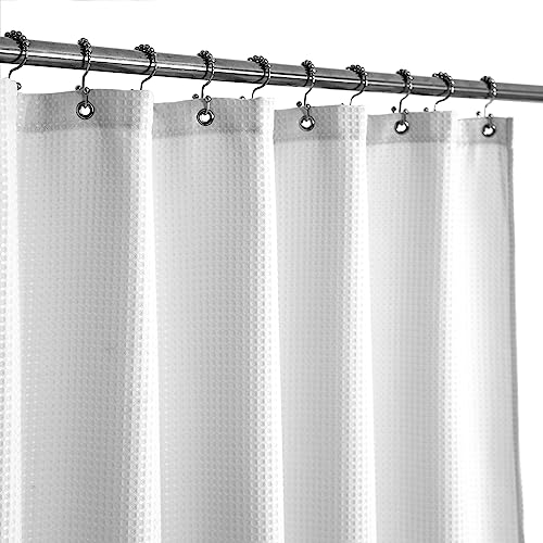 Barossa Design Waffle Weave White Shower Curtain Hotel Luxury Quality, Fabric Shower Curtains for Bathroom, Pique Pattern Cloth, Water Repellent and Machine Washable, Standard Size 71' x 72'