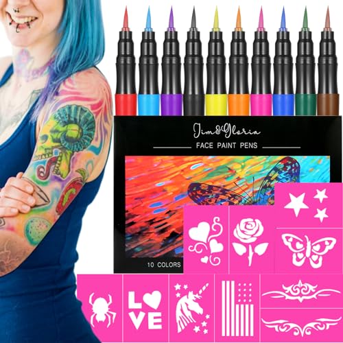 Jim&Gloria Gifts for Teen Girls Face & Body Paint Or Tattoo, 10 Colors Flexible Brush Tip Markers Fake Tattoo Pens Teen Girls Trendy Stuff, Trending Gifts For Tweens Teenager or Kids Stocking Stuffers