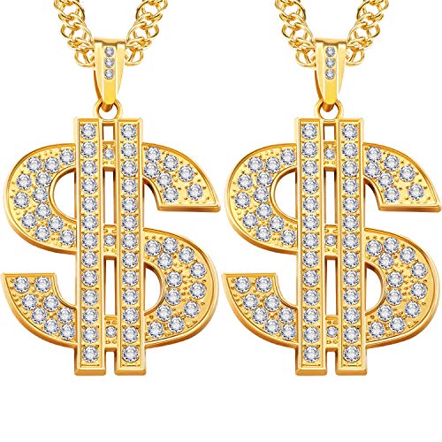 Tatuo 2 Pieces Plated Chain for Men with Dollar Sign Pendant Necklace, Hip Hop Dollar Necklace (Gold,Trendy Style)