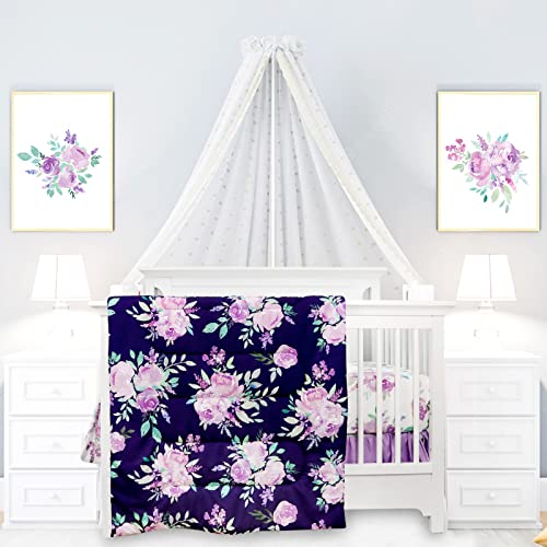 TANOFAR 4 Piece Crib Bedding Set for Girls, Baby Nursery Crib Bedding Set, Purple Flower Crib Skirt, Quilt, Crib Sheet and Diaper Stacke,Crib Bedding Set for Girls (Purple Flower)