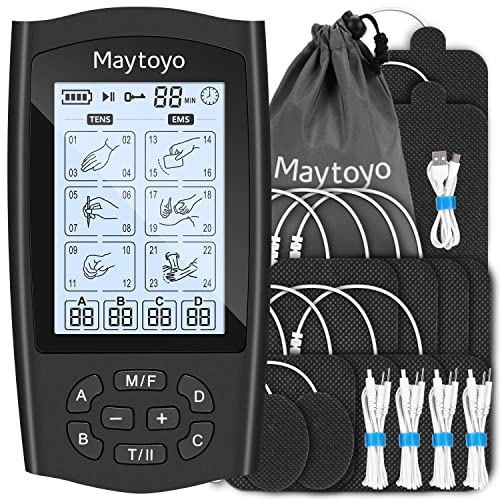 Maytoyo 4 Channels TENS Unit EMS Device 24 Modes 30 Level Intensity Muscle Stimulator for Pain Relief Rechargeable TENS Machine Pulse Massager with 12 Pads Belt Clip Storage Bag