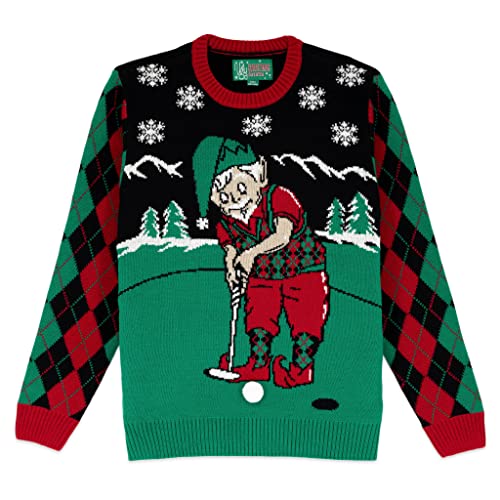 The Ugly Sweater Co. Mens Sports Golf Sports Ugly Christmas Sweater for Holiday Fun Design, Snug Fit Breathable Crewneck (Black - Elf Golfing, Medium)