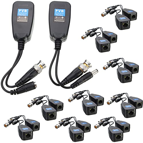 exgoofit 10 Pairs HD-CVI/TVI/AHD Passive Video Balun with Power Connector and RJ45 CAT5 Data Transmitter BNC Twisted Pair