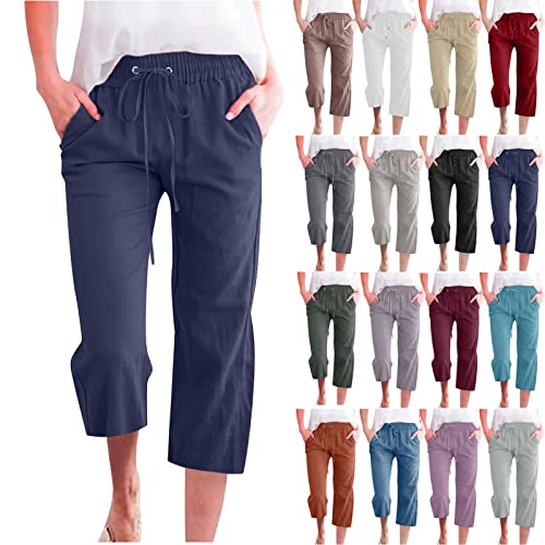 Womens White Pants Capri Pants Casual 2023 Summer Drawstring Elastic High Waist Linen Pant Straight Wide Leg Cropped Trouser