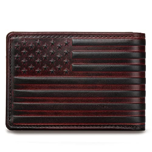 Pefiam Full Grain Leather Wallets for Men,Bifold Wallets for Men,Mens Leather Wallets with 12 Slots,RFID Blocking Wallets for Men,Gifts for Men (USA Flag,Red)