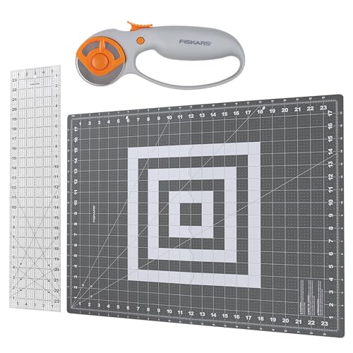 Fiskars Rotary Cutter 3-Piece Set - 45mm Blade Rotary Cutter for Fabric, Self Healing Cutting Mat, and Sewing Ruler - Craft Supplies - White/Gray