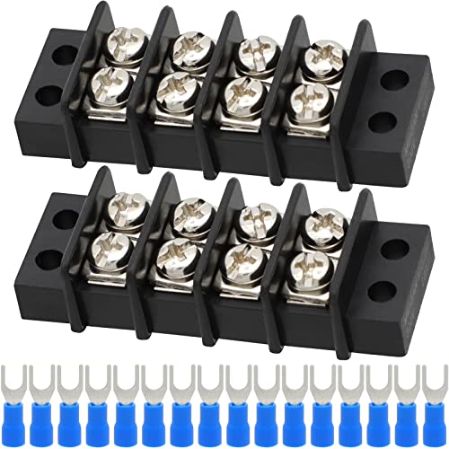 Terminal Block,2 Pack 4 Circuits 20-30A 200v-450v Dual Row Screw Terminals Strip +16 PCS Heat Shrink Wire Connectors