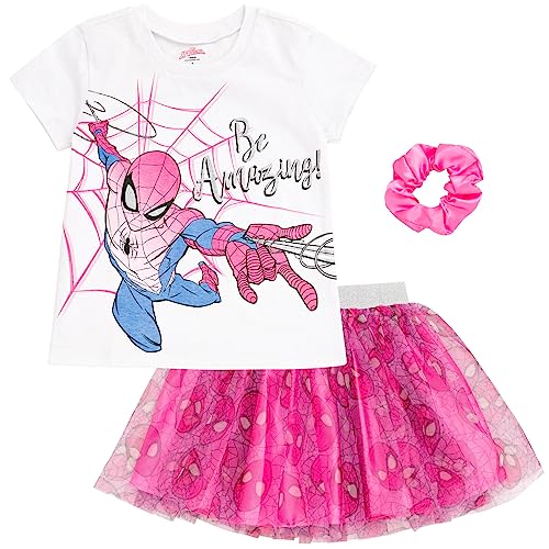 Marvel Spider-Man Toddler Girls T-Shirt Tulle Mesh Skirt and Scrunchie 3 Piece Outfit Set White/Pink 3T