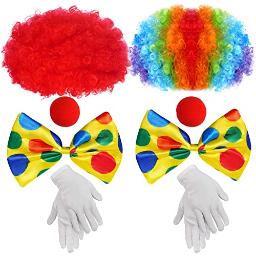jiebor 2Pack Clown Costume Set Rainbow Red Clown Wig Nose Accessories Bow Tie White Gloves for Halloween Parties Carnivals Pretend Play Men Women Kid Adults