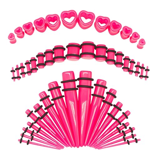 Marsrut 48 PCS Acrylic Gauge Kit Tapers Heart Tunnels Plug 14G-0000G Ear Stretching Set - PINK
