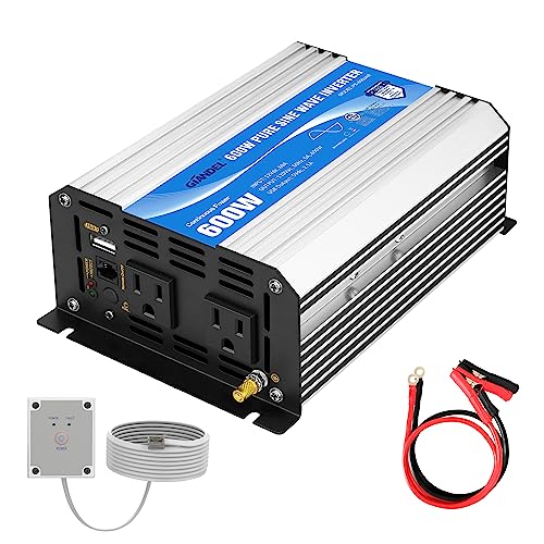 GIANDEL Power Inverter Pure Sine Wave 600Watt 12V DC to 120V AC with Remote Control Dual AC Outlets CETL Approved for Small Solar System Outdoor Emergency