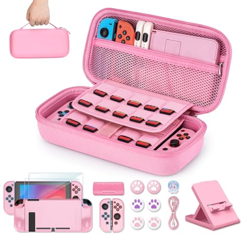 Younik Switch Carrying Case, 16 in 1 Switch Case Accessories Pink for Switch Original Model Includes Switch Travel Case Girls, Protective Case Cover, Screen Protector, Switch Game Case and More