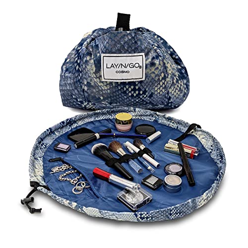 Lay-n-Go Cosmo Drawstring Cosmetic & Makeup Bag Organizer, Toiletry Bag for Travel, Gifts, and Daily Use, 20 inch, Blue Snakeskin