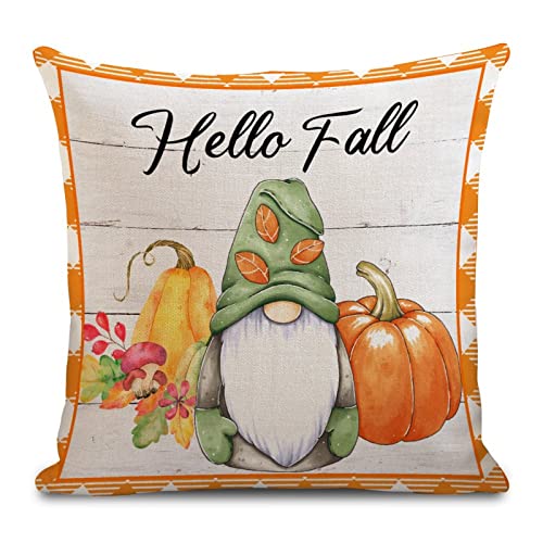 Hello Fall Pumpkin Gnome Decorative Throw Pillow Cover 26x26 Inch, Happy Harvest Thanksgiving Cushion Case Farmhouse Decor, Autumn Rustic Pillowcase Decorations for Sofa Couch