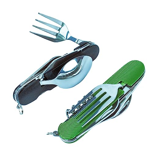 6-in-1 Multi-Function Camping Utensil Flatware Set Detachable Spoon Fork Knife Combo Mess Kit with Carrying Pouch (Black + Green)