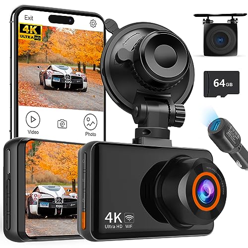 KQQ 4K WiFi Dash Cam Front and Rear 1080P with 64GB Sd Card,3.5' Small Dash Camera for Cars Dual DashCamera para Carro Driving Recorder,60HZ,App Control,WDR NightVision,WideAngle,Park Monitor,G-Sensor