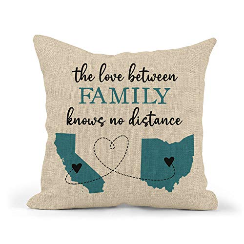 CANARY ROAD Personalized The Love Between Family Knows No Distance Pillow | Two State or Country Long Distance Family | Cousin Aunt Uncle Moving Away
