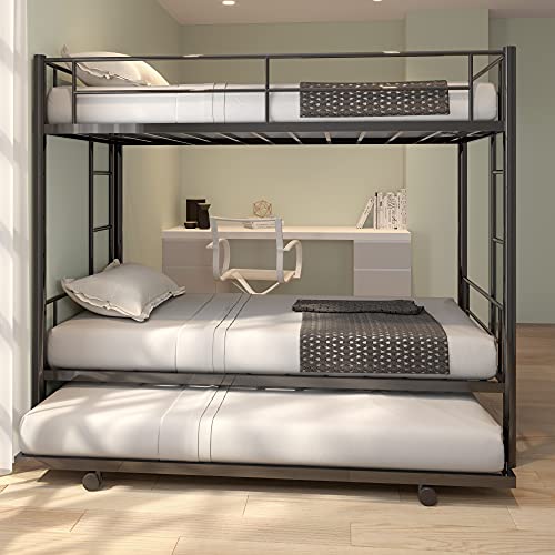 CALABASH Twin Over Twin Metal Bunk Bed with Trundle Heavy Duty Bunk Beds Frame with 2 Side Ladders Convertible Bunkbed with Safety Guard Rails,No Box Spring Needed (Black)