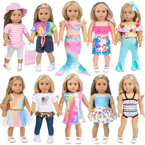 Fashion 10 Sets 18 inch Doll Clothes and Accessories Play Set inlcude Mermaid Shinning Dress Outfits Bikini Hat Handbag (No Doll)