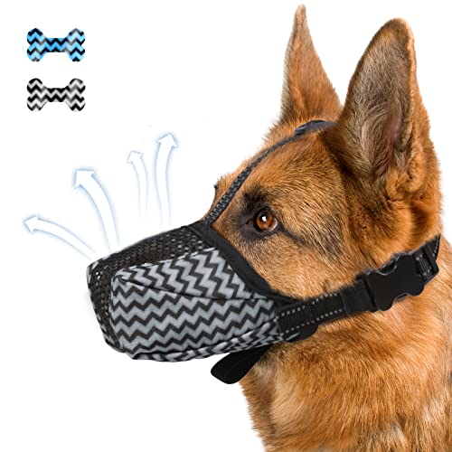 Dog Muzzle, Air Mesh Breathable Muzzle for Medium Large Sized Dogs to Anti & Prevent Biting Barking Chewing, Soft Basket Muzzle for German Shepherd Dog with Reflective & Adjustable Strap(Grey-L