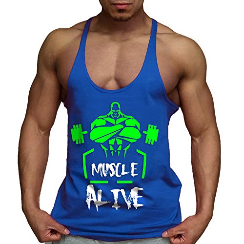 Muscle Alive Men's Bodybuilding Stringer Tank Tops Cotton Racerback Blue Color Size L