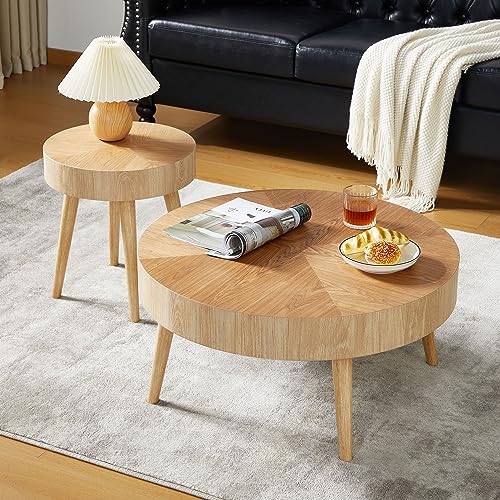 QEIUZON Farmhouse Round Coffee Table Set of 2, Rustic Sofa Side End Tables w/Wood Finish, Nesting End Table Set for Living Room, Bedroom