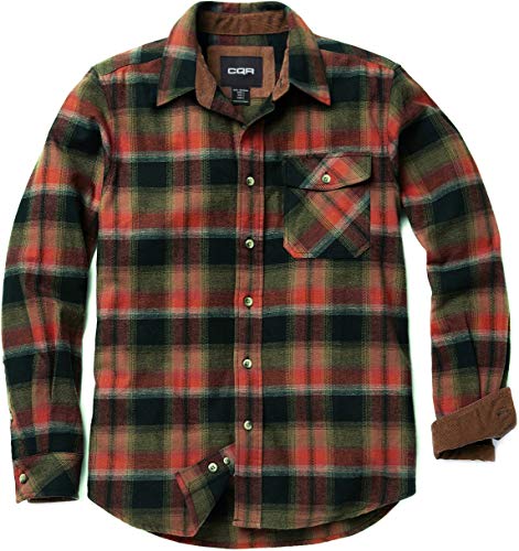 CQR Men's All Cotton Flannel Shirt, Long Sleeve Casual Button Up Plaid Shirt, Brushed Soft Outdoor Shirts, Plaid Orange Rust, Medium