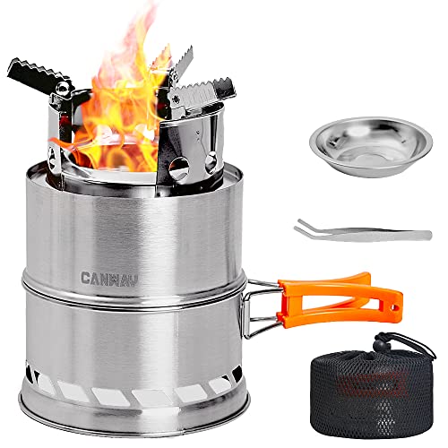 CANWAY Camping Stove, Mini Wood Stove/Backpacking Survival Stove, Windproof Anti-Slip Portable Stainless Steel Wood Burning Stove with Handle Nylon Carry Bag for Outdoor Trekking Hiking Picnic BBQ