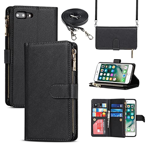 Jaorty iPhone 8 Plus Wallet Case for Women,iPhone 7 Plus Phone Case Wallet with Credit Card Holder,iPhone 8 Plus Crossbody Case with Strap Shoulder Lanyard,Zipper Pocket PU Leather Cases,5.5' Black