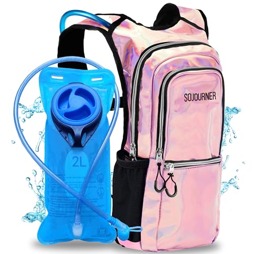 SOJOURNER Rave Hydration Pack Backpack - 2L Water Bladder Included for Festivals, Raves, Hiking, Biking, Climbing, Running and More (Medium) (Holographic - Pink)