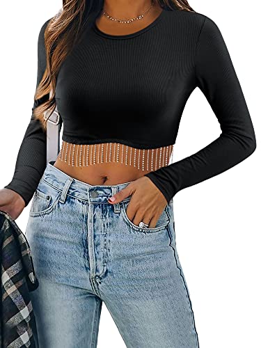 Womens Nashville Sparkly Glitter Fringe Short Sleeve Cropped Top Raceback Ribbed Crop Tank Tops with Rhinestone Tassel