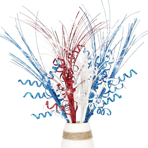 Glitter Curly Artificial Patriotic Picks Sprays Red White Blue Ting Branches Set of 6 Wispy Willow Stems Vase Filler Curly Twigs for 4th of July Independence Day Memorial Day Decorations (6, Multi)