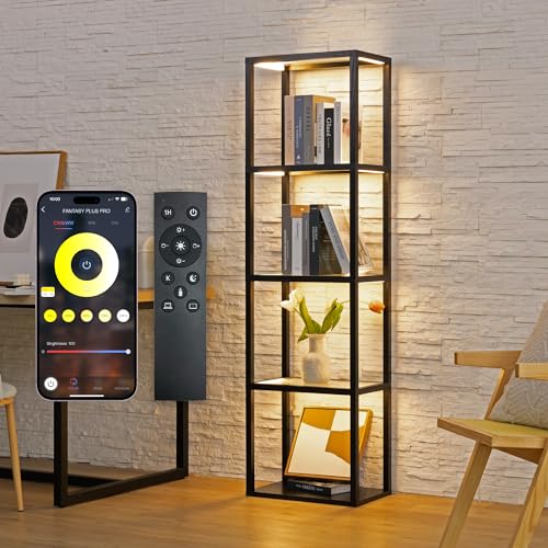FENLO Fantasy Plus Pro - 66' LED Glass Display Shelf with Dimmable LED Floor Lamp, Curio Cabinet with Adjustable Color Temp, Open Display Cabinet for Collectibles, Long Lasting LED