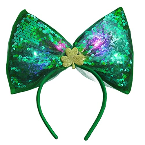 CLOACE St.Patrick Day LED Headband Bowknot Shamrock Hair Hoop Light up Clover Hairband Sequins Party Costume Hair Accessories (D)