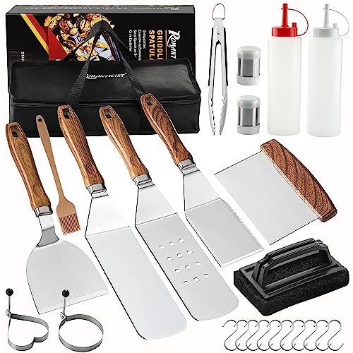 ROMANTICIST Professional Griddle Accessories Set with Carry Bag, Stainless Steel 25PC Grill BBQ Spatula Set, Complete Flat Top Grill Tools Kit for Men Women Indoor/Outdoor Hibachi Grilling