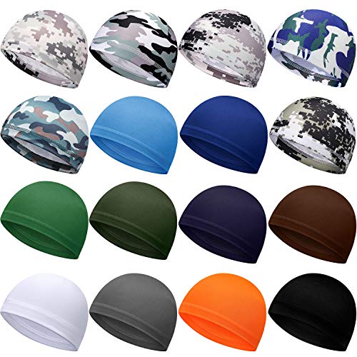 Geyoga 16 Pieces Cooling Skull Cap Sweat Wicking Helmet Liner Cycling Cap Running Hat Motorcycle Beanie Liner for Men Women Multicoloured
