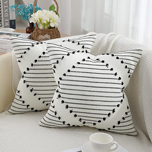 Mecatny Boho Throw Pillow Covers Black and Cream White Pillow Covers 20X20 Set of 2 Farmhouse Decorative Pillow Covers for Couch Sofa Living Room