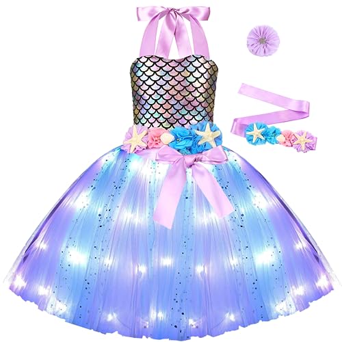 Davsolly Mermaid Costume for Girls Led Light Up Mermaid Dress for Mermaid Birthday Decorations Gifts Halloween Dress Up
