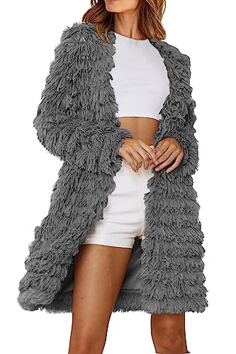 PRETTYGARDEN Women's 2023 Winter Faux Fur Jackets Fall Fashion Open Front Long Shaggy Coat Outerwear (Dark Grey,Medium)