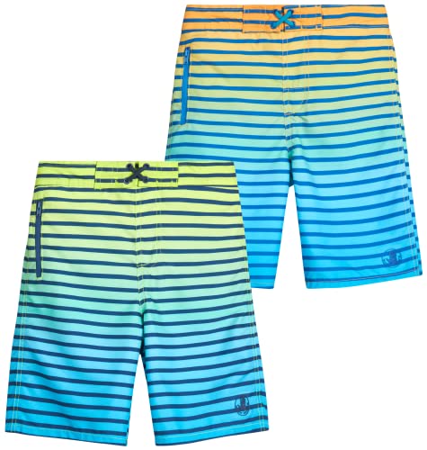 Body Glove Boys' Board Shorts – 2 Pack UPF 50+ Quick Dry Bathing Suit Swim Trunk (Size: 8-18), Size 10-12, Orange/Green Stripes