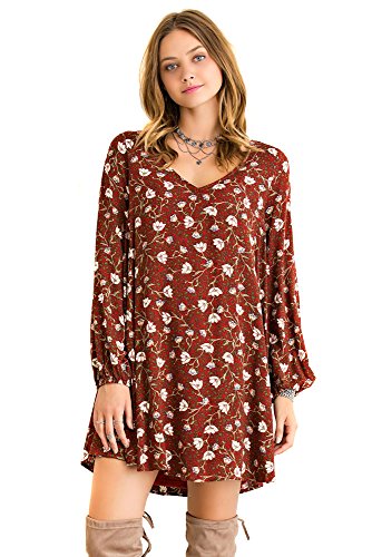 Fandsway Women Floral Print Long Sleeve V Neck Back Cut Out Tent Dress (Medium, Burgundy)
