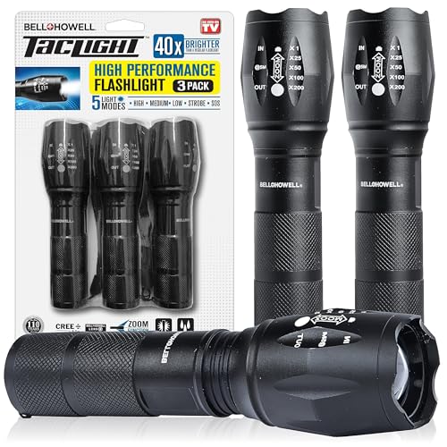TacLight 3 Pk Tactical Flashlights High Lumens, Super Bright Led Flashlights, Zoomable Heavy Duty Waterproof Flash Lights Battery Powered Small Flashlights for Emergencies/Camping AS SEEN ON TV…