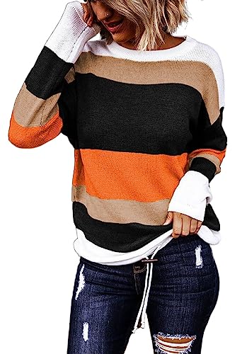 Dokotoo Womens Sweaters Round Neck Striped Cute Winter Pullover Sweaters for Women Trendy 2023 Drawstring Orange Medium